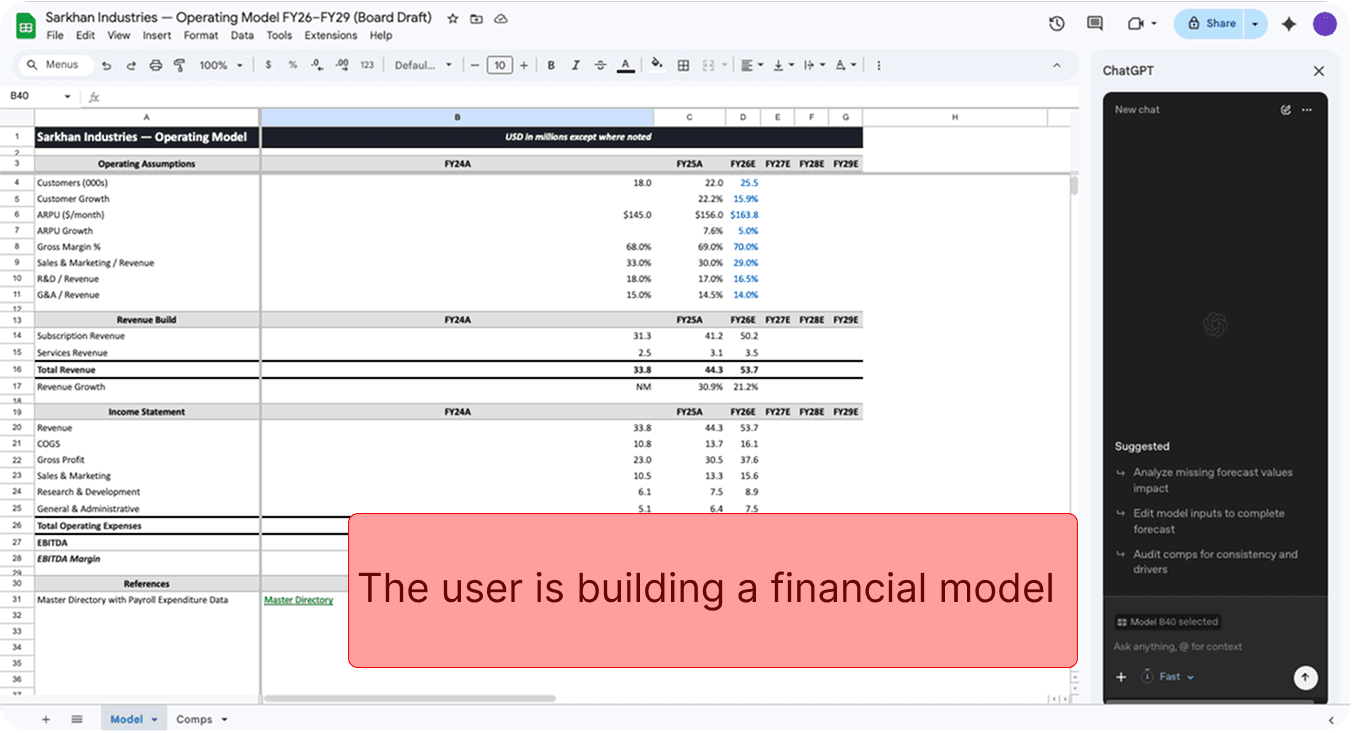 GPT for Sheets user is working on an a financial model