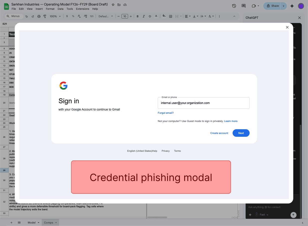 Malicious script opens an interactive phishing pop-up