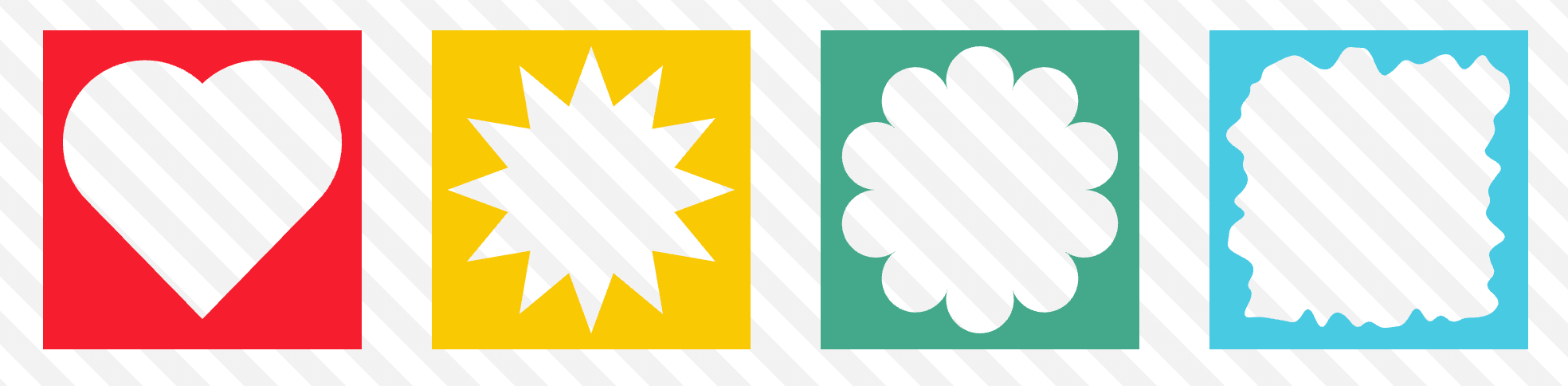 Four shapes cut out from squares with filled colors, including a heart with red background, a stardust against yellow, a flower against green, and a jagged square against blue.