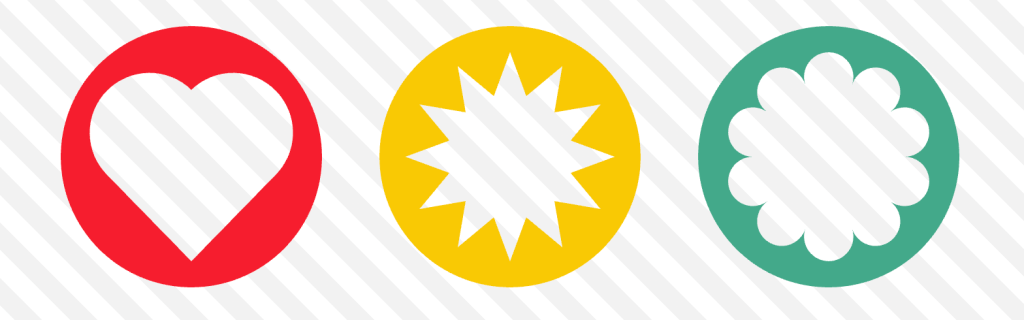 Four shapes cut out from circles with filled colors, including a heart with red background, a stardust against yellow, a flower against green, and a jagged square against blue.