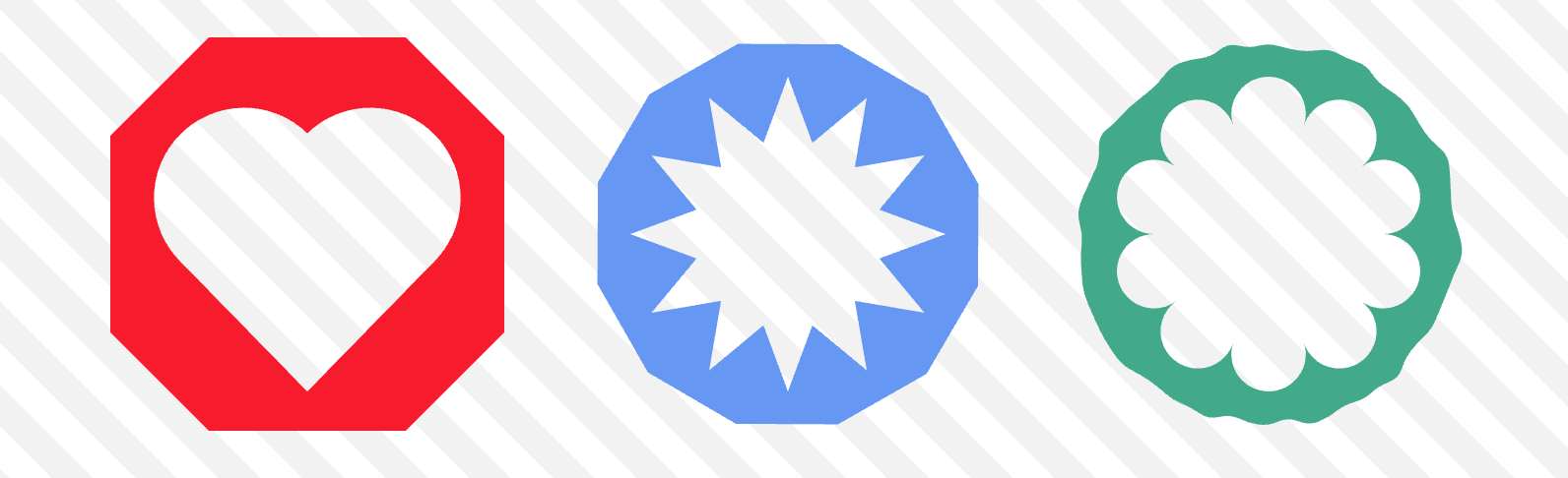 Four shapes cut out from polygons with filled colors, including a heart with red background, a stardust against yellow, a flower against green, and a jagged square against blue.