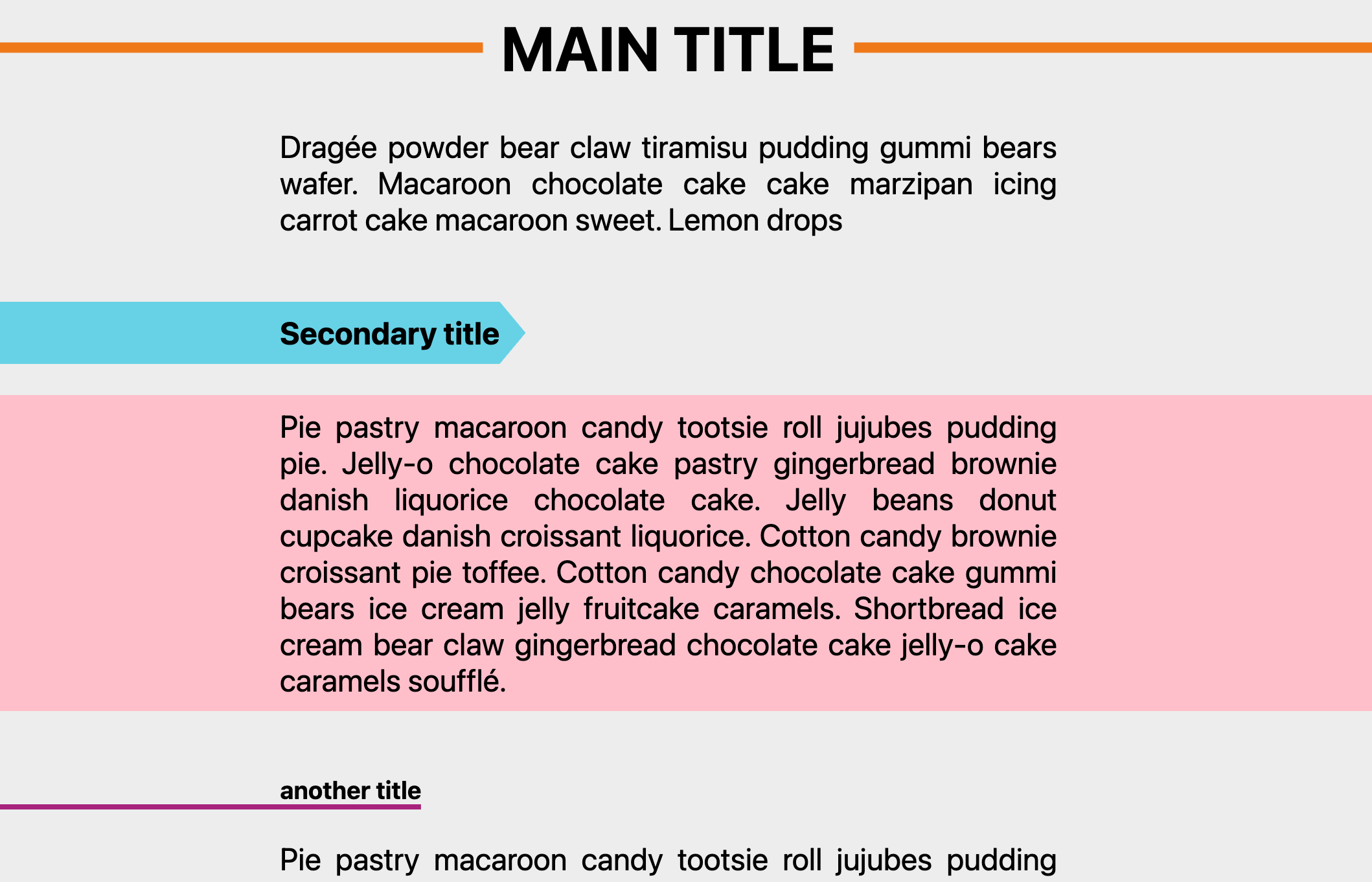 Three examples of border text decorations, including an orange line through a main heading, heading against a blue caret-shaped background, and black text against a full-width pink background.