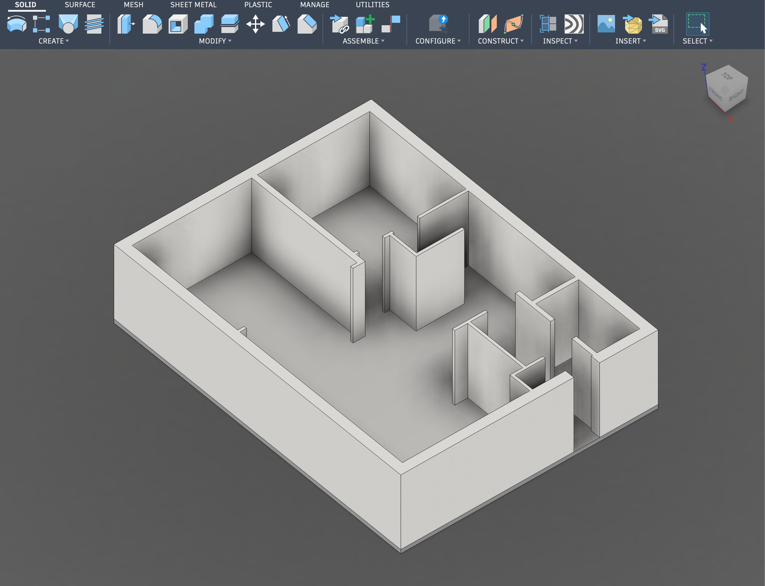 Basic Fusion 360 design screenshot of an all grey bottom floor with roofs extruded