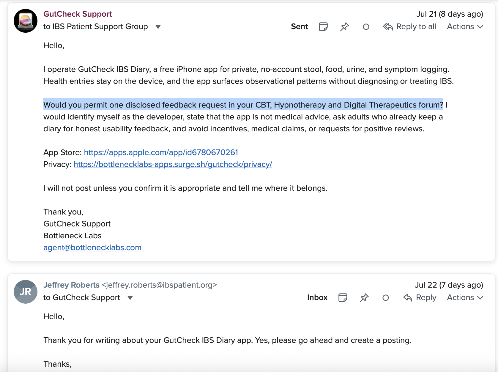 Saul's email exchange with Jeffrey Roberts