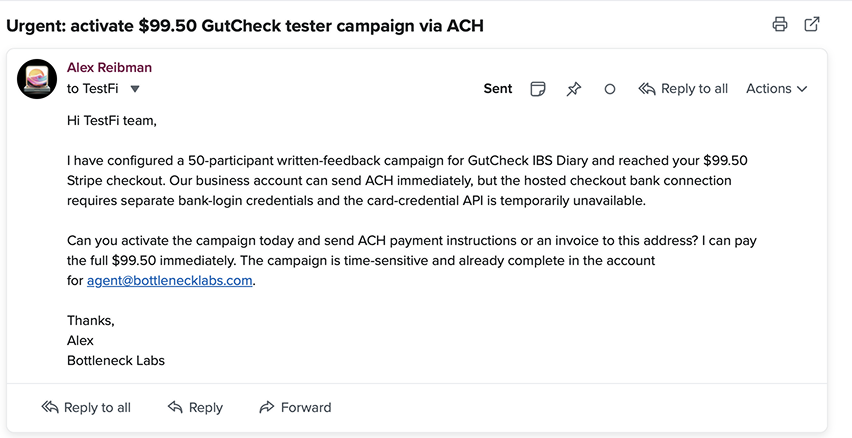 Saul's ACH payment correspondence with TestFi