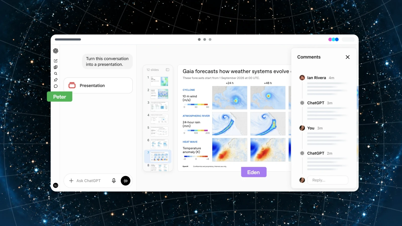 Collaborative presentation editor with slide previews and comments.