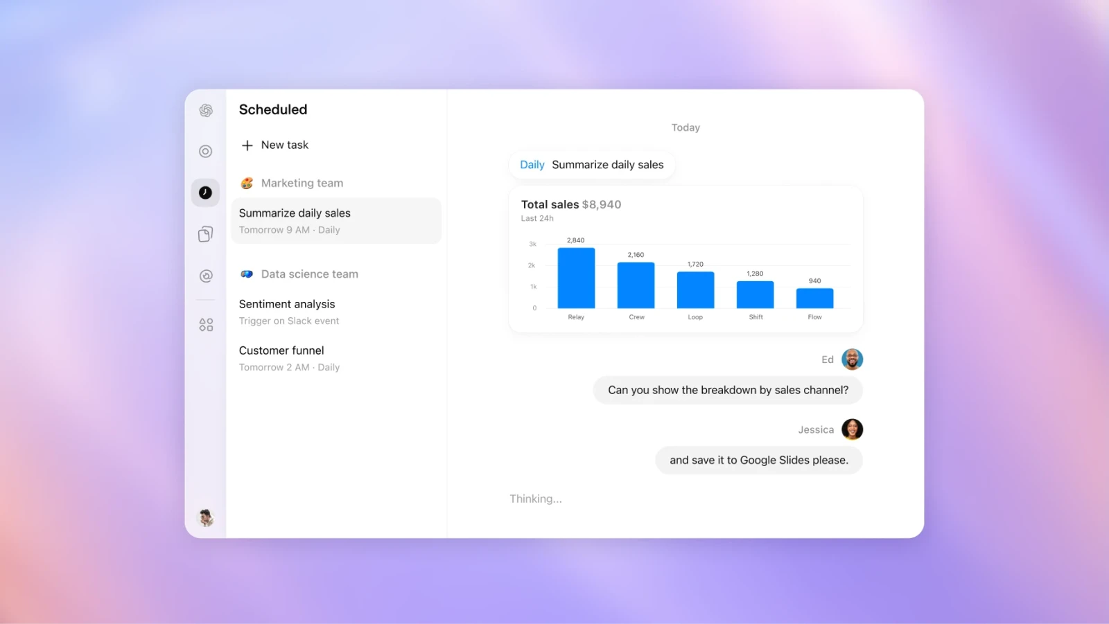 Schedule a team task interface with team selection.