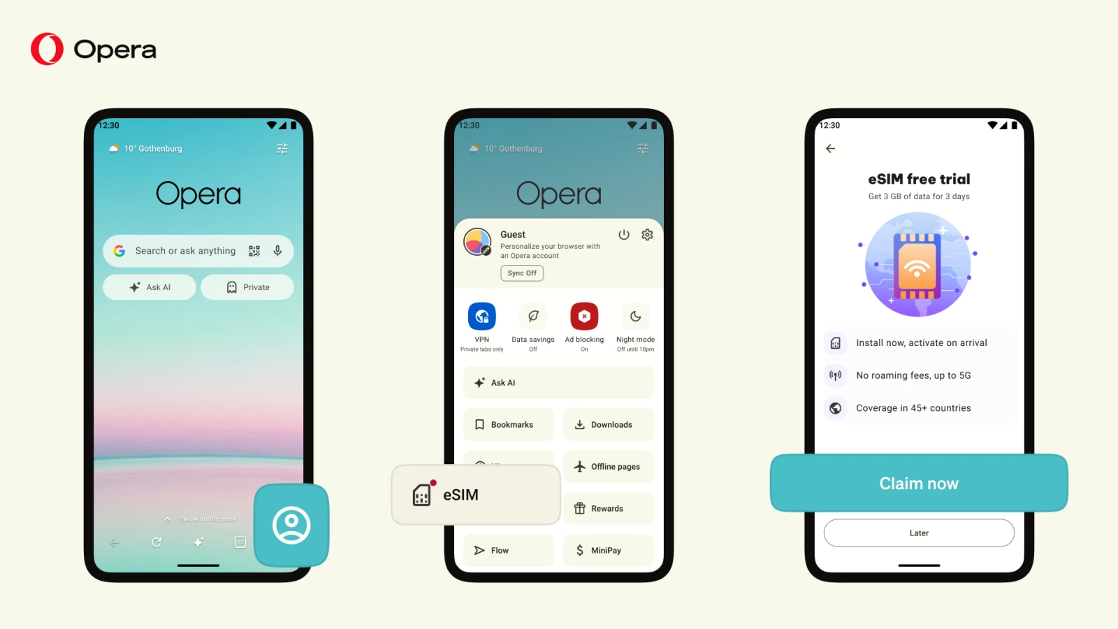 Opera 프로필 메뉴에서 eSIM 기능을 여는 화면